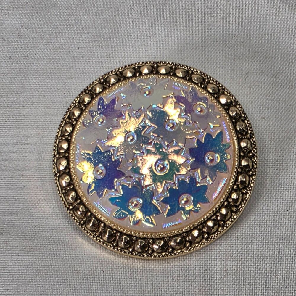 Iridescent Floral Art Glass Scarf Clip Gold‑Tone Filigree Vintage West Germany